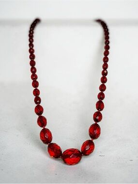 Art Deco Cherry Amber Bakelite Necklace 25" Faceted Graduated Beads Hand-Knotted